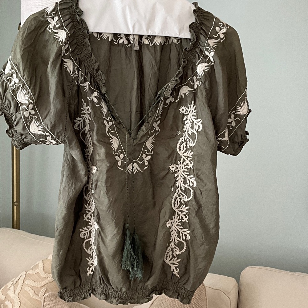 Joie Dark Green Blouse with White Embroidery